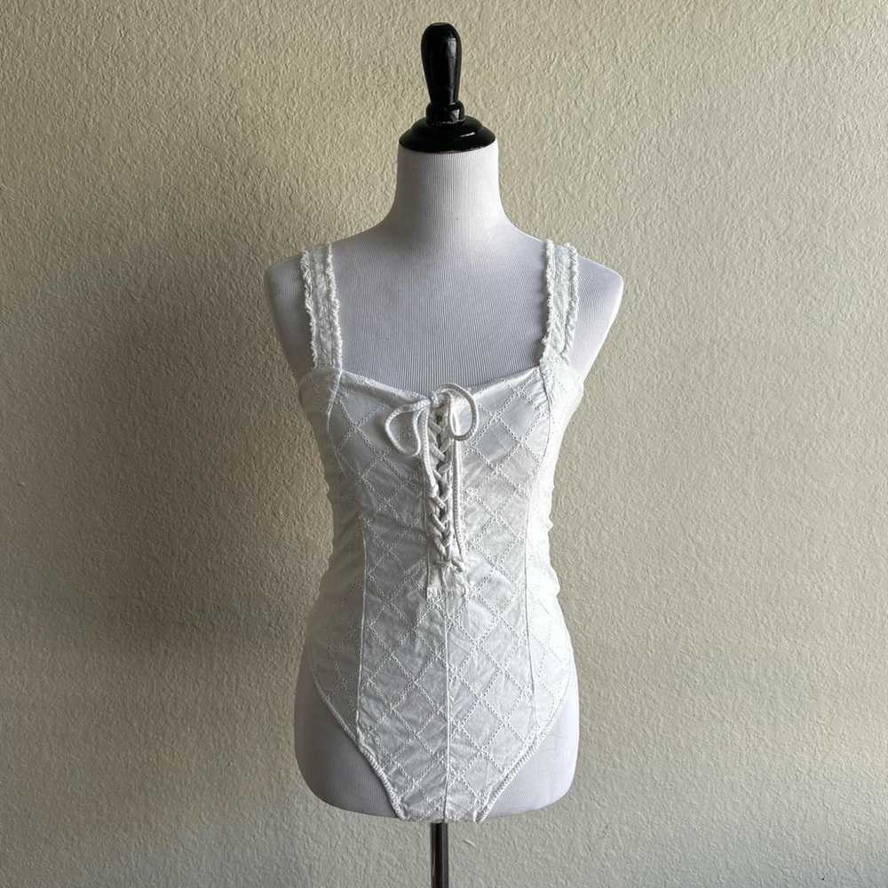 Free People White Lace-Up Tank Top